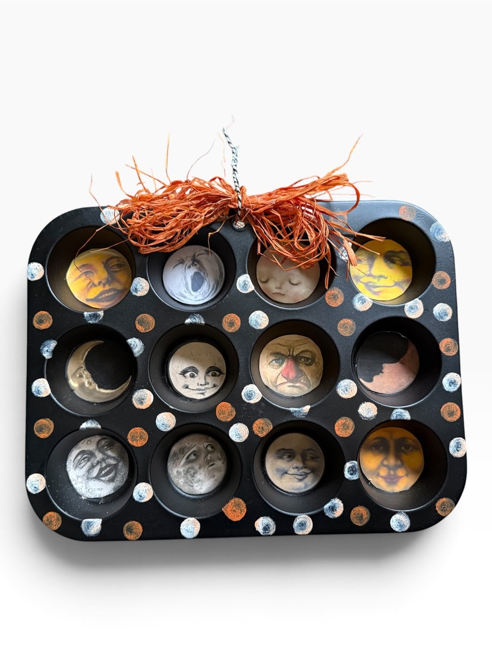 Whimsical Vintage Moon Face Upcycled Muffin Tin Wall Art Halloween Decor